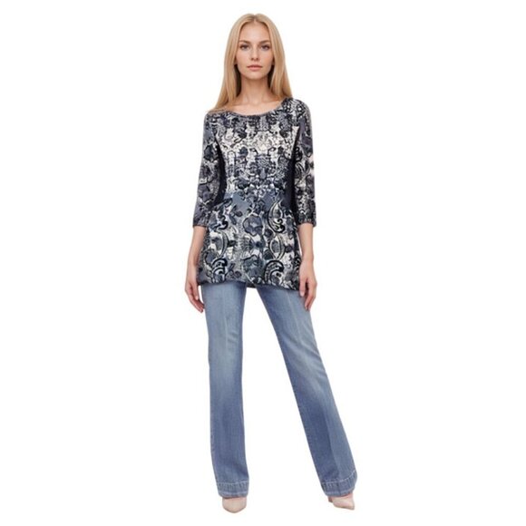 Paisley Blue Print Lace High Low Hem Top Size S/M - Picture 1 of 7